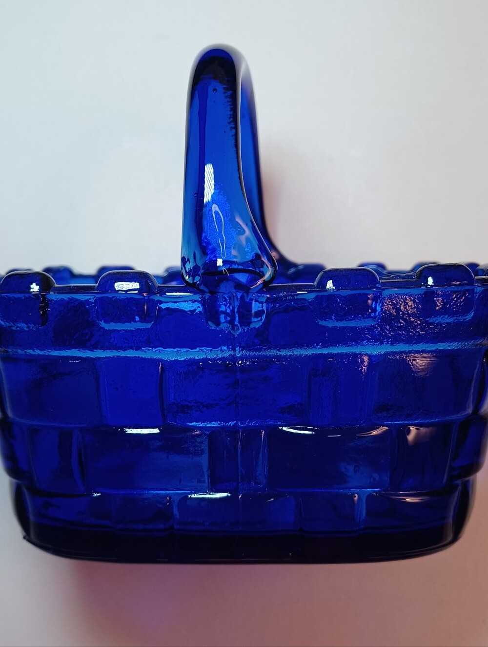 Vintage Cobalt Blue Woven Glass Basket Fenton-like Pressed Glass Art Ruffle Edge